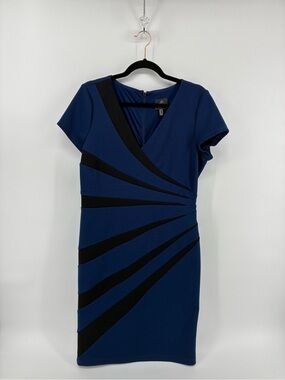 Adrianna Papell Navy Blue and Black Midi Sheath Dress
